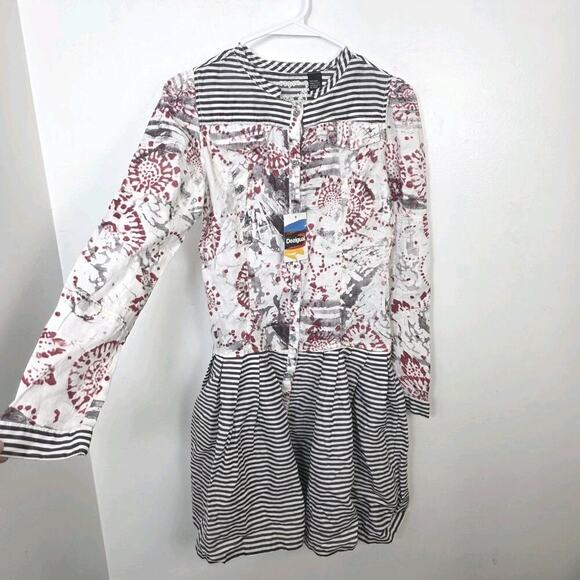 Desigual White Gray Striped Long Sleeve Button Up Arsty Mini Dress Size 8 - Picture 1 of 11